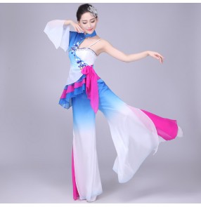 White blue fuchsia patchwork gradient colored women's cosplay one shoulder long sleeves chinese ancient folk yangko fan dance dresses outfts costumes